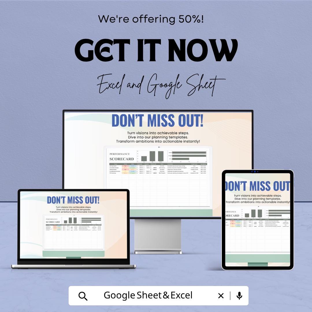 Performance Scorecard Template | KPI Tracking Spreadsheet | Business Performance Tracker | Data Analysis Tool