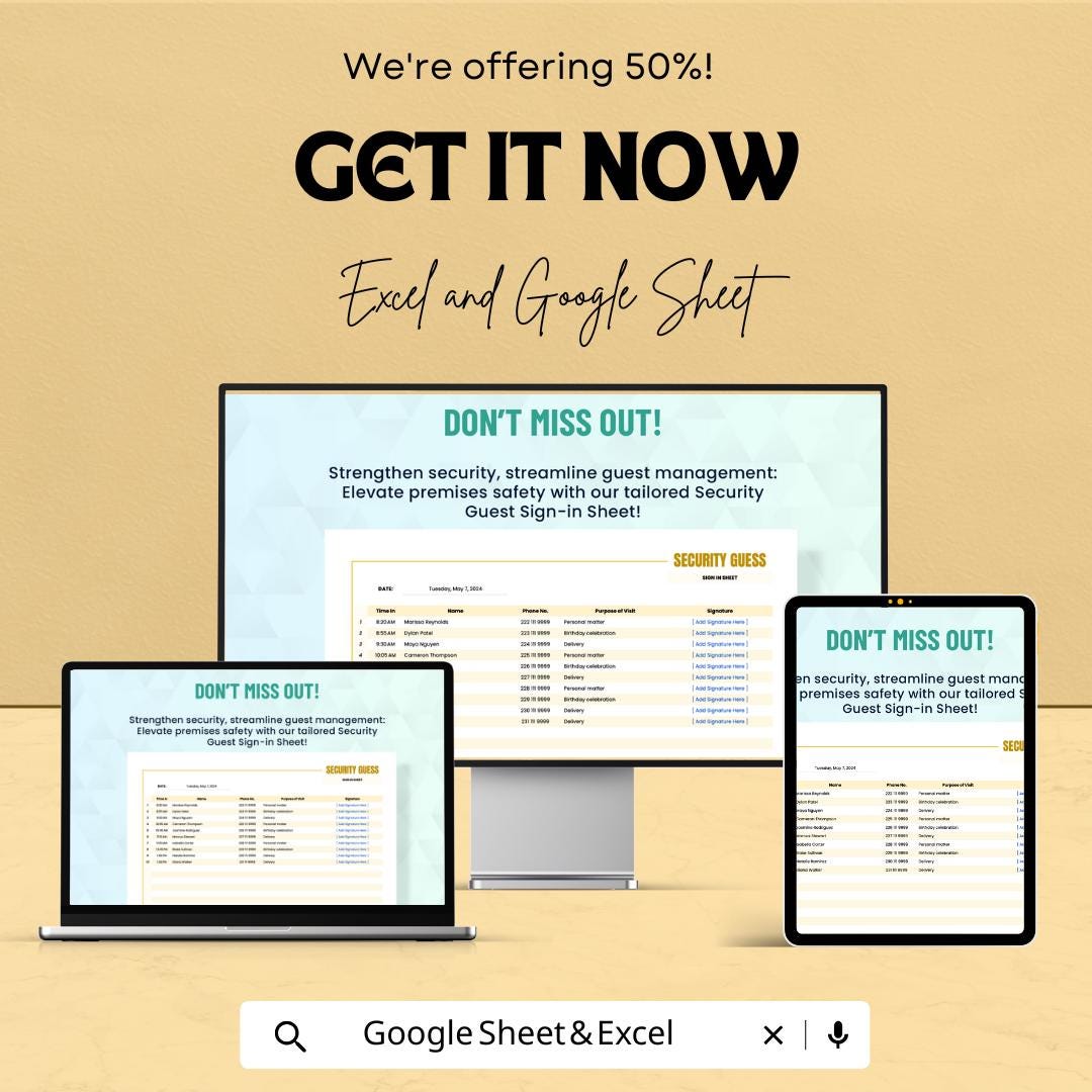 Security Guest Sign-in Sheet | Google Sheets Template | Track Visitor Details | Sign-In Log for Premises Security | Event Guest Management