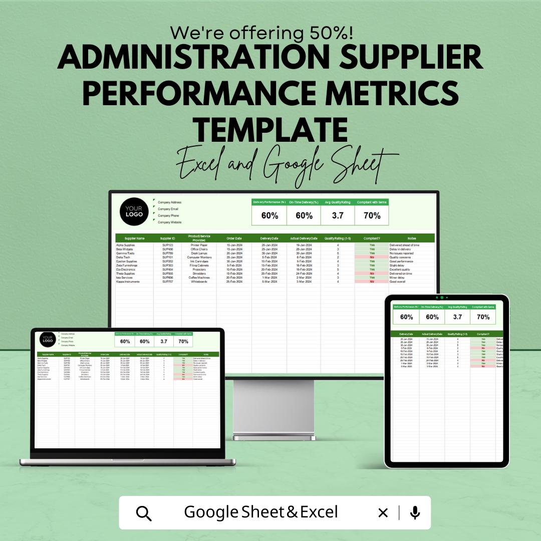 Administration Supplier Performance Metrics Template | Supplier KPI Tracker | Vendor Performance Dashboard | Procurement Analytics