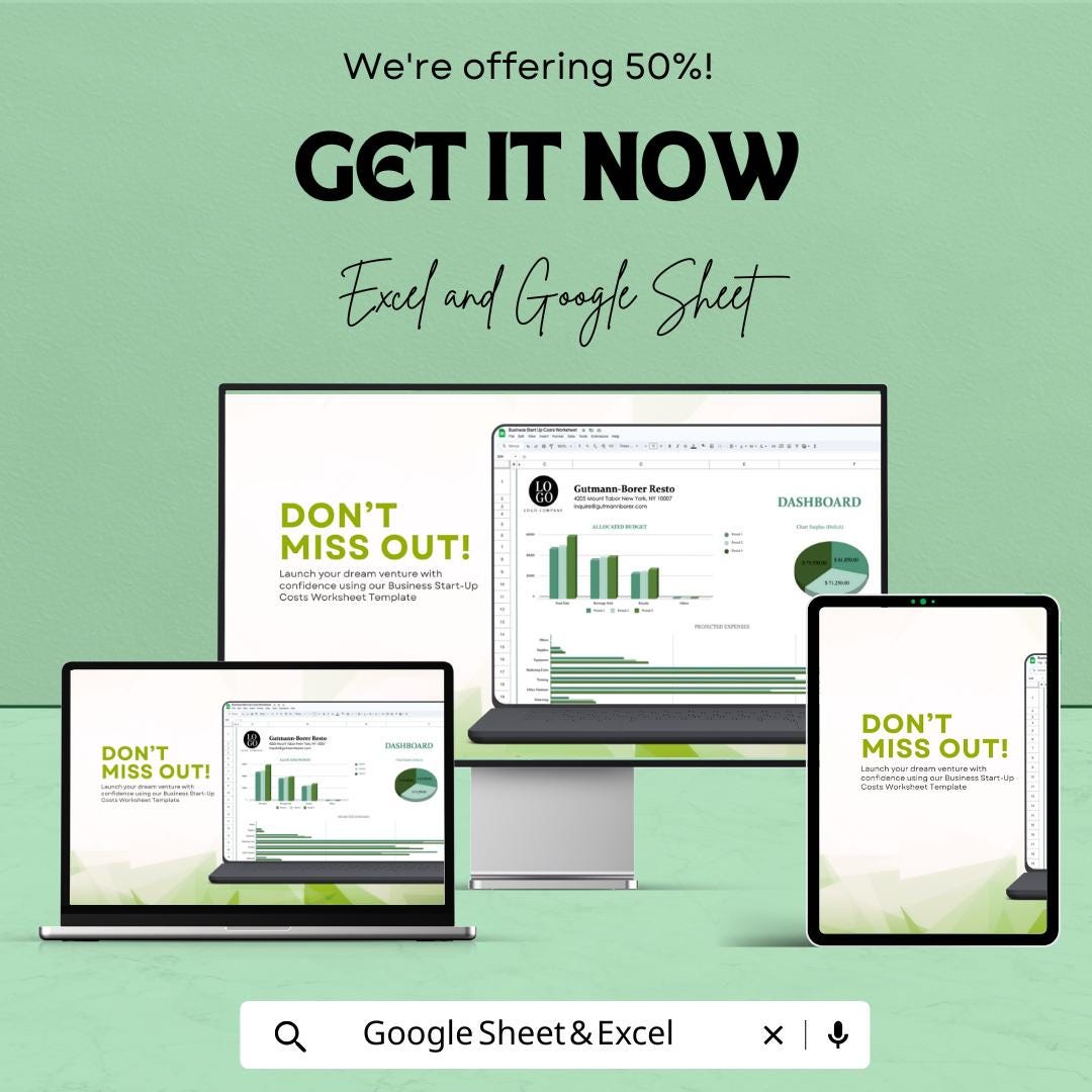 Business Start Up Costs Worksheet | Budget and Expense Tracker for New Businesses | Excel & Google Sheets Template