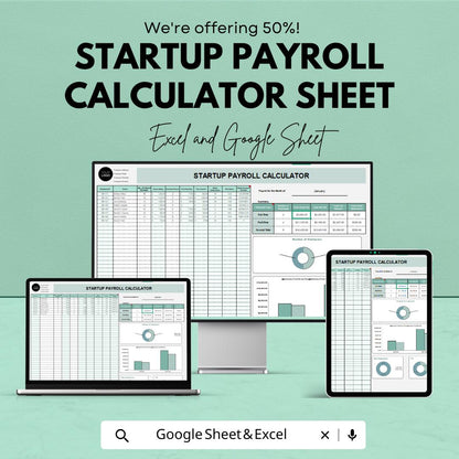 Startup Payroll Calculator Sheet | Excel and Google Sheets Template | Salary, Deductions & Taxes Tracker | 50% OFF