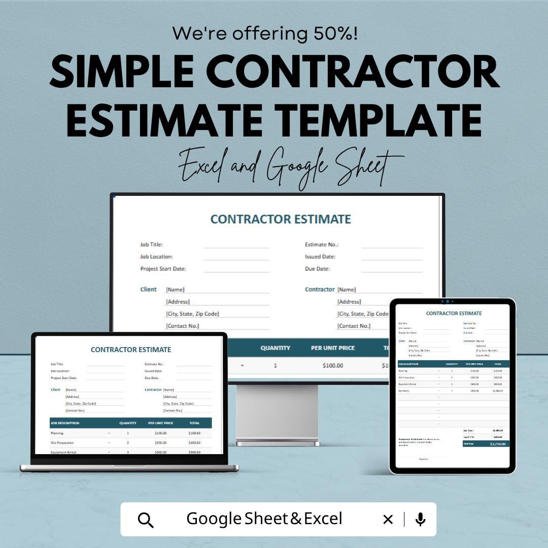 Simple Contractor Estimate Template | Construction Estimate Spreadsheet | Job Quote Invoice | Excel & Google Sheets