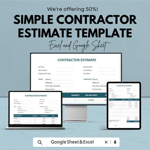 Simple Contractor Estimate Template | Construction Estimate Spreadsheet | Job Quote Invoice | Excel & Google Sheets