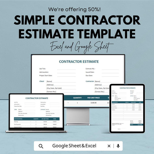Simple Contractor Estimate Template | Construction Estimate Spreadsheet | Job Quote Invoice | Excel & Google Sheets