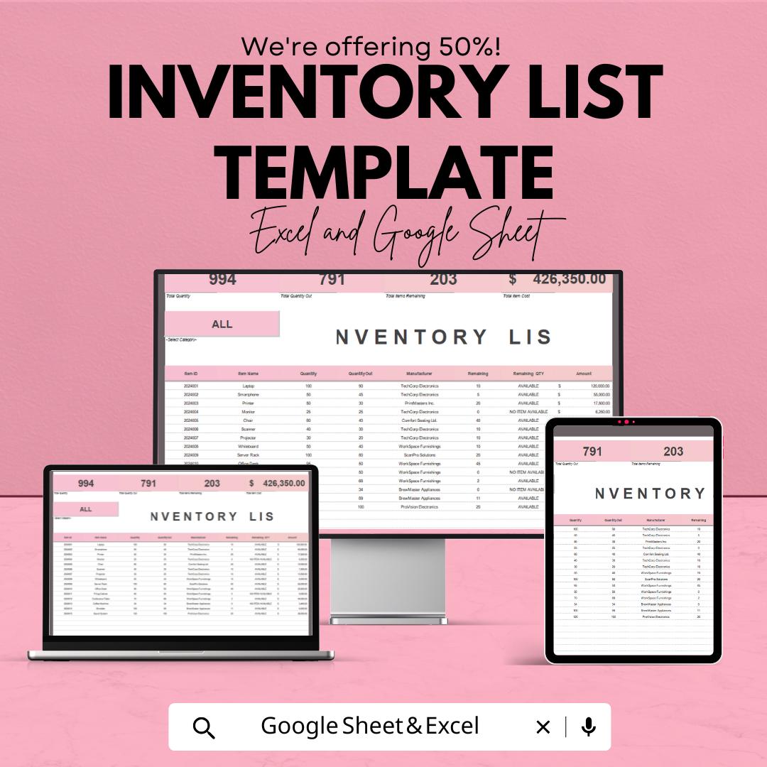 Inventory List Template | Excel & Google Sheets | Stock Management Tracker | Product Inventory Log | Business Organizer Spreadsheet