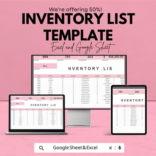 Inventory List Template | Excel & Google Sheets | Stock Management Tracker | Product Inventory Log | Business Organizer Spreadsheet