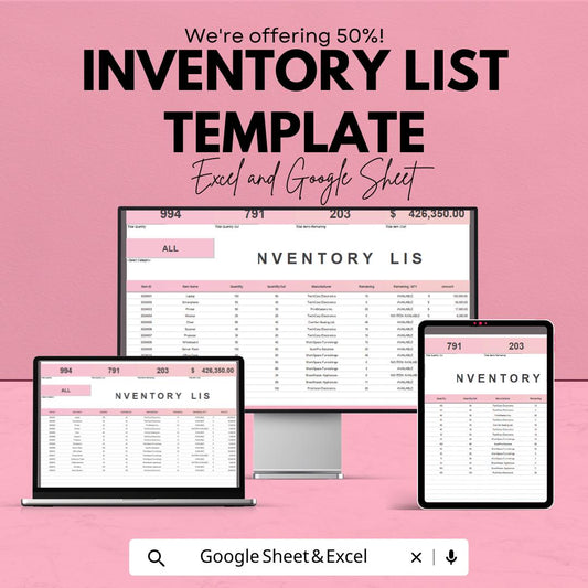 Inventory List Template | Excel & Google Sheets | Stock Management Tracker | Product Inventory Log | Business Organizer Spreadsheet