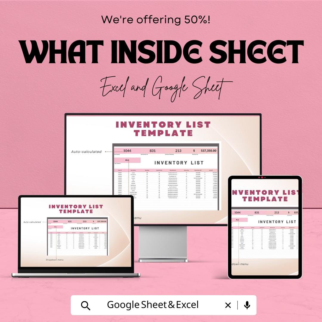 Inventory List Template | Excel & Google Sheets | Stock Management Tracker | Product Inventory Log | Business Organizer Spreadsheet