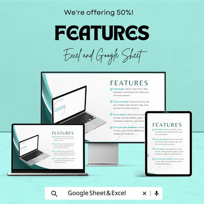 Modern Computer Repair Invoice Template |  Repair Service Billing Template | Printable Invoice Sheet | Auto Calculated