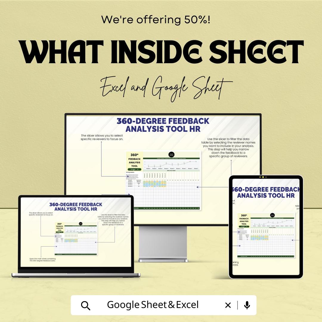 360 Degree Feedback Analysis Tool | HR Performance Review Template | Employee Evaluation Spreadsheet | Excel & Google Sheets