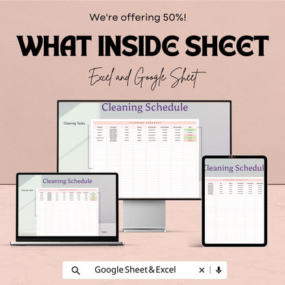 Cleaning Schedule Sheet - Excel and Google Sheets Template | Customizable Cleaning Task Planner | Easy Household & Office Schedule