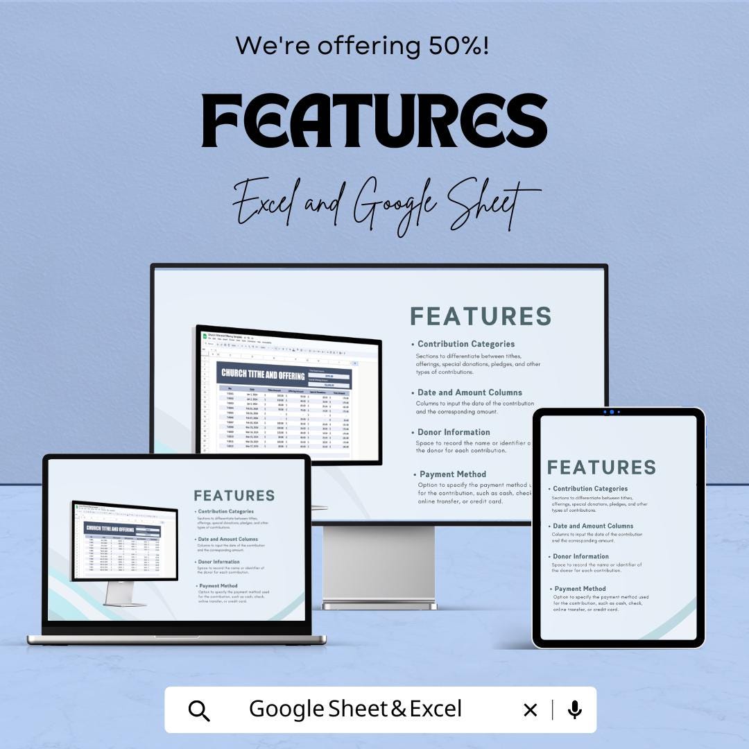 Church Tithe and Offering Sheet - Customizable Excel and Google Sheet Template - Easy-to-Use for Churches & Religious Organizations