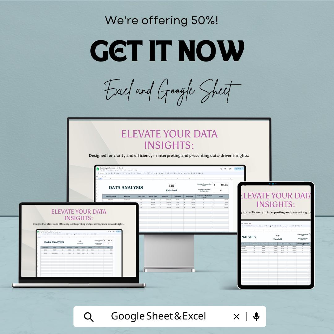 Data Analysis Sheet Template | Excel and Google Sheets | Track Sales, Revenue & Customer Insights