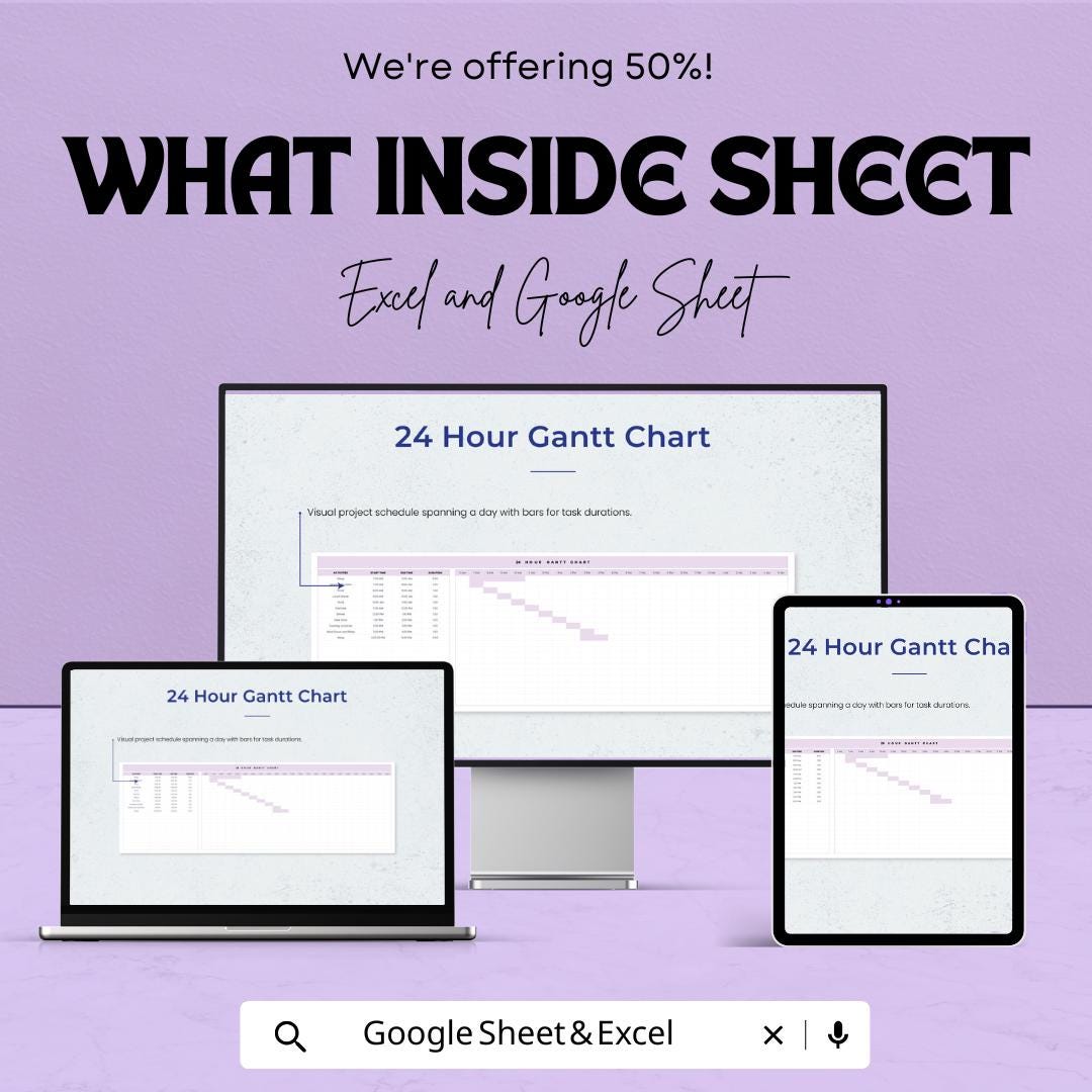 24 Hour Gantt Chart Sheet for Excel & Google Sheets | Project Planner | Time Management Template | Instant Download