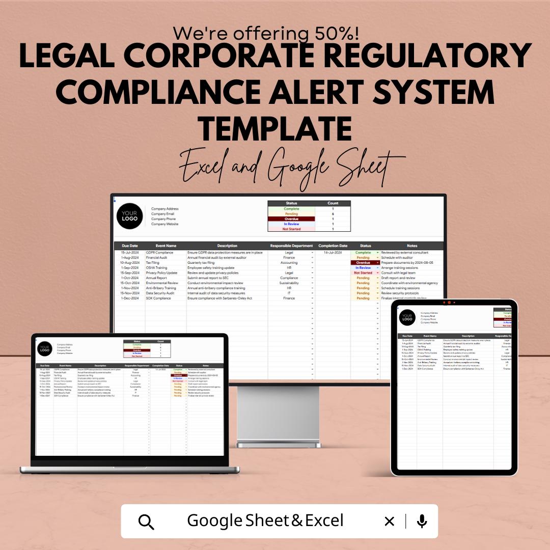 Legal Corporate Regulatory Compliance Alert System Template, Compliance Tracker Spreadsheet, Legal Deadline Monitor