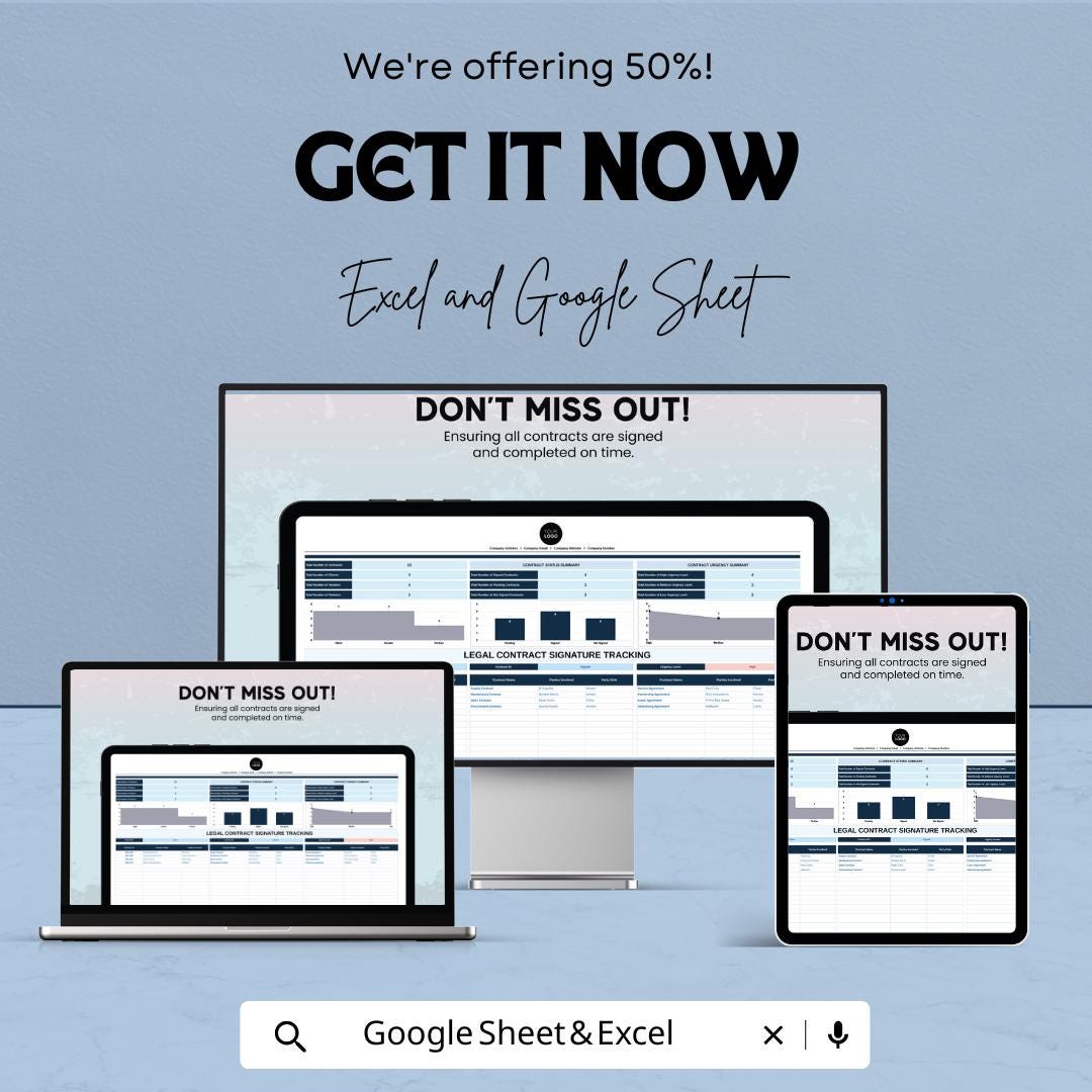 Legal Contract Signature Tracking Template | Contract Signature Tracker | Agreement Signing Log | Excel & Google Sheets
