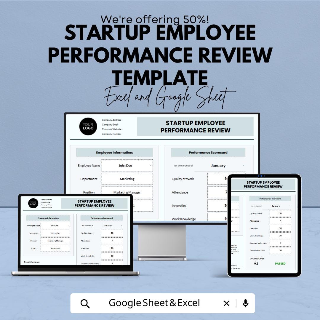 Startup Employee Performance Review Template | Excel & Google Sheets | Employee Evaluation Form | Performance Review Tracker