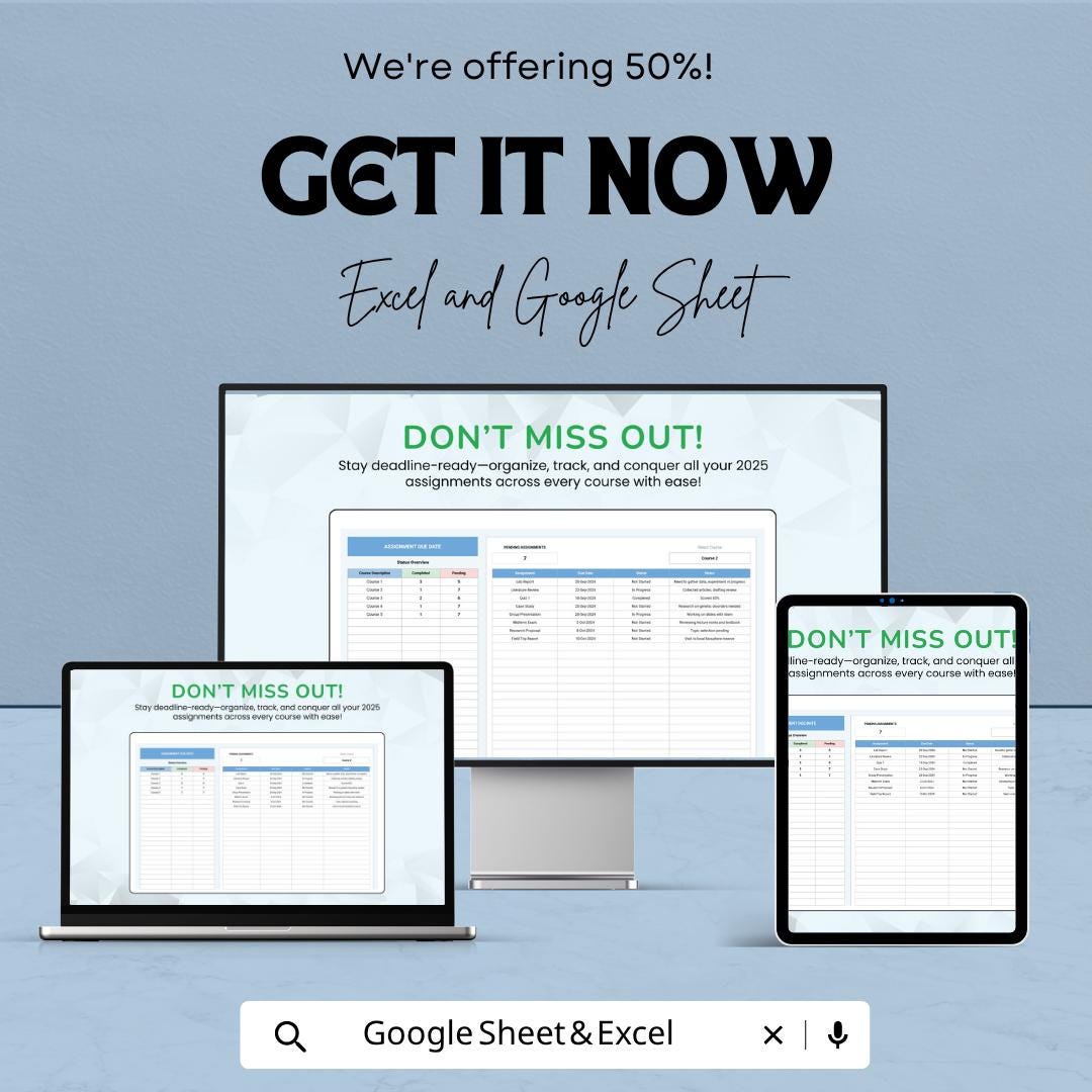 Assignment Due Date Template | Student Planner Spreadsheet | Homework Tracker | Excel & Google Sheets | Assignment Tracker Dashboard