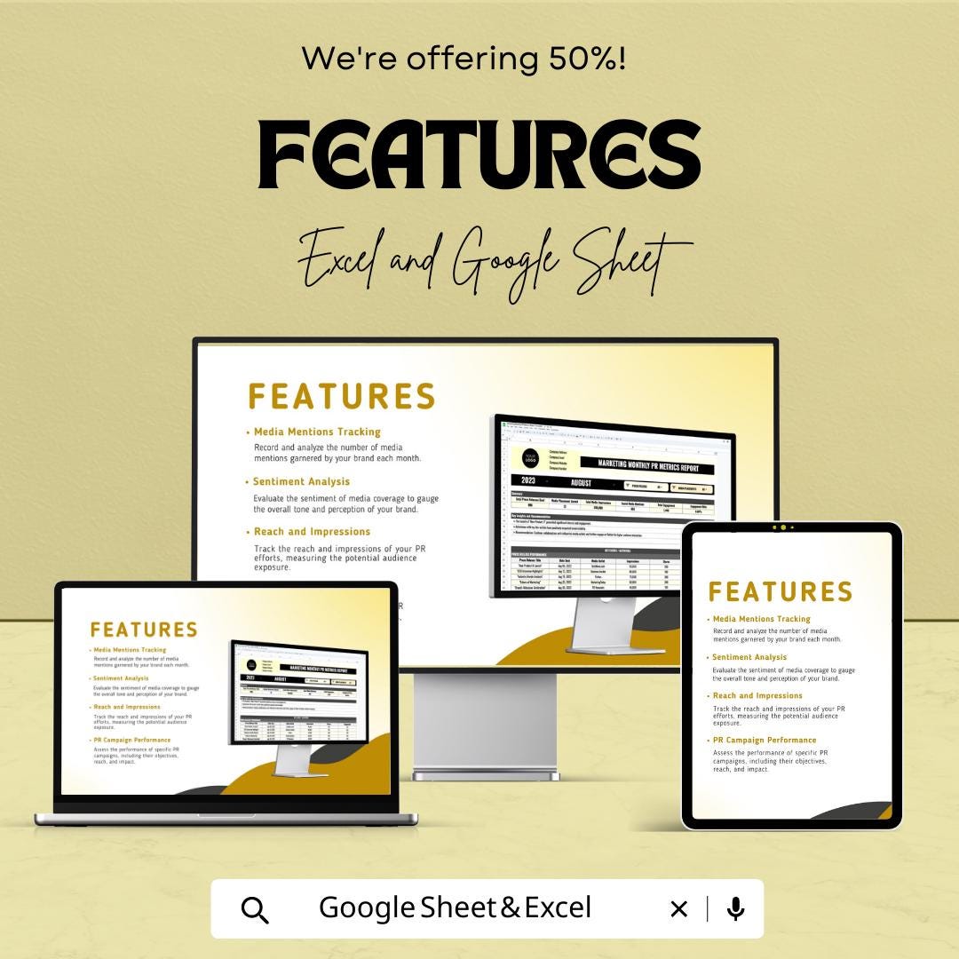 Marketing Monthly PR Report Template, PR Metrics Tracker, Excel & Google Sheets Public Relations Dashboard, Media Coverage Report