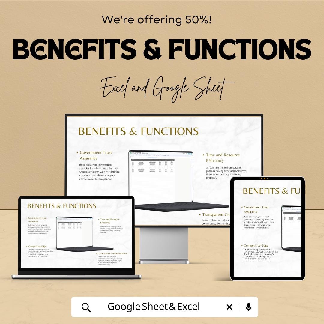 Government Construction Bid Template Excel | Contractor Bid Proposal Template | Construction Cost Estimate Spreadsheet |  Bid Template