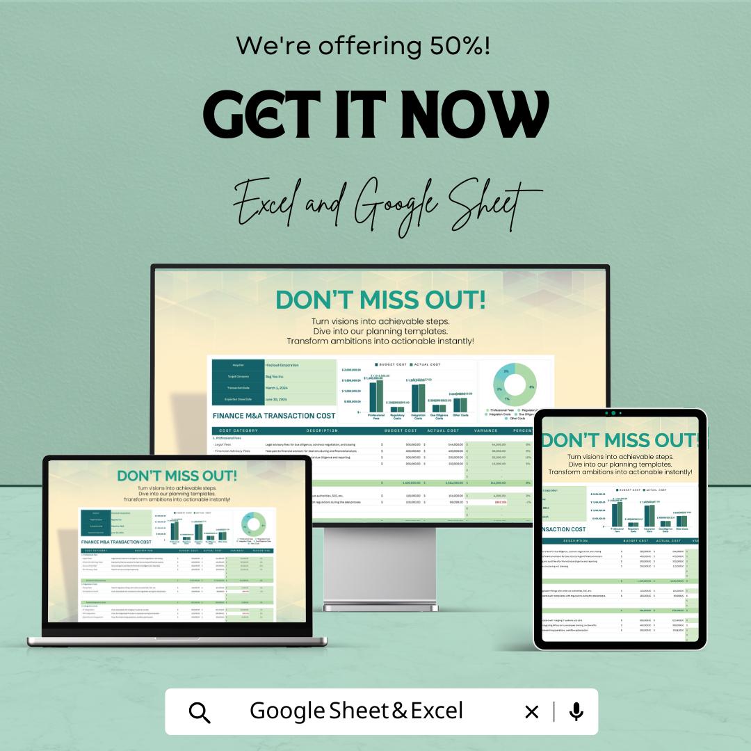 Finance M&A Transaction Cost Tracking Template | Merger Cost Tracker | Budget vs Actual Analysis | M and A Finance Template