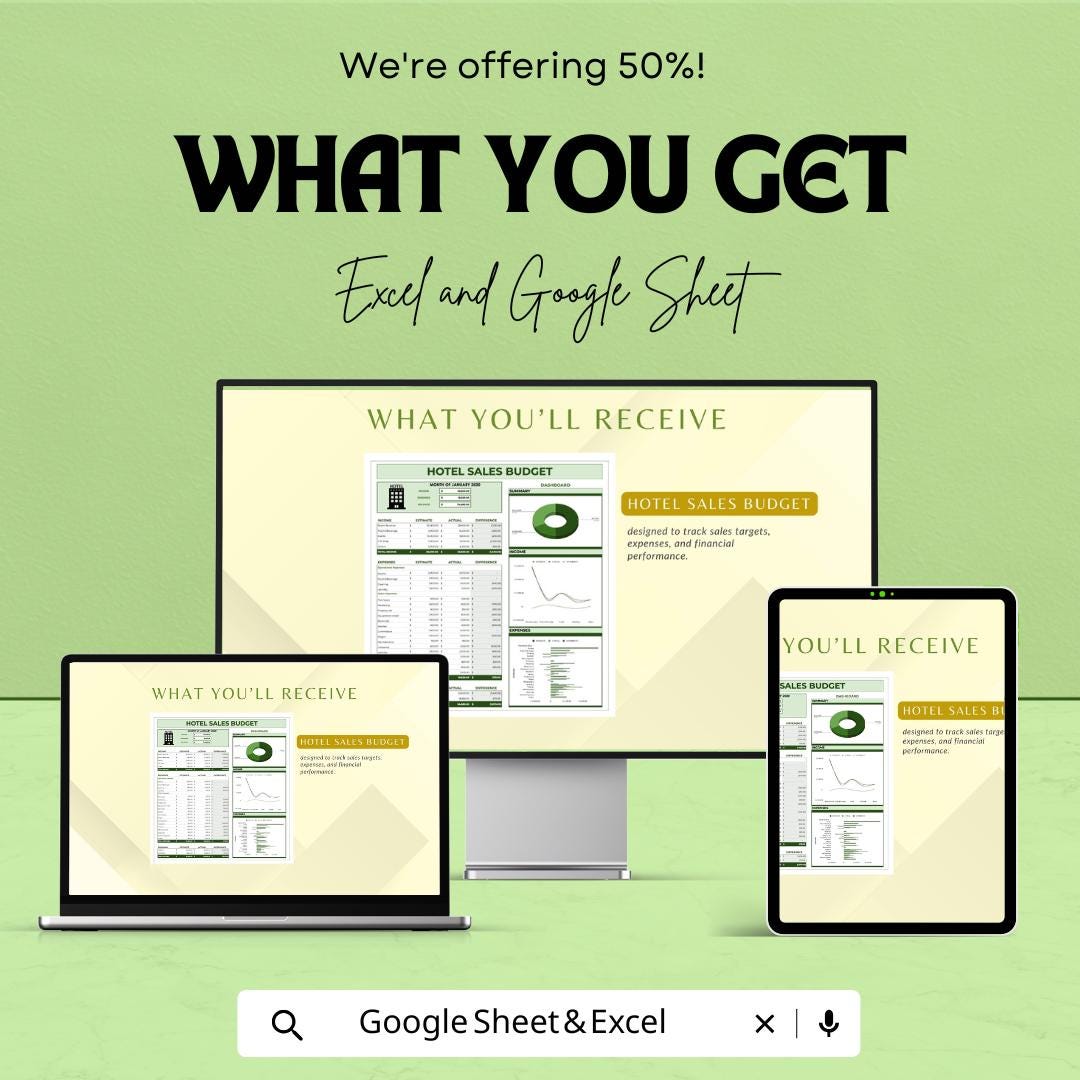 Hotel Sales Budget Template Excel & Google Sheets | Hospitality Revenue Tracker | Hotel Expense and Income Dashboard | Monthly Sales Planner