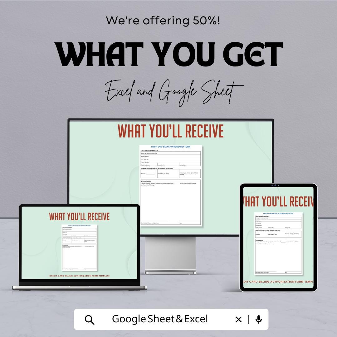 Credit Card Billing Authorization Form - Excel & Google Sheets Template - Instant Download, Editable, Business Payment Authorization