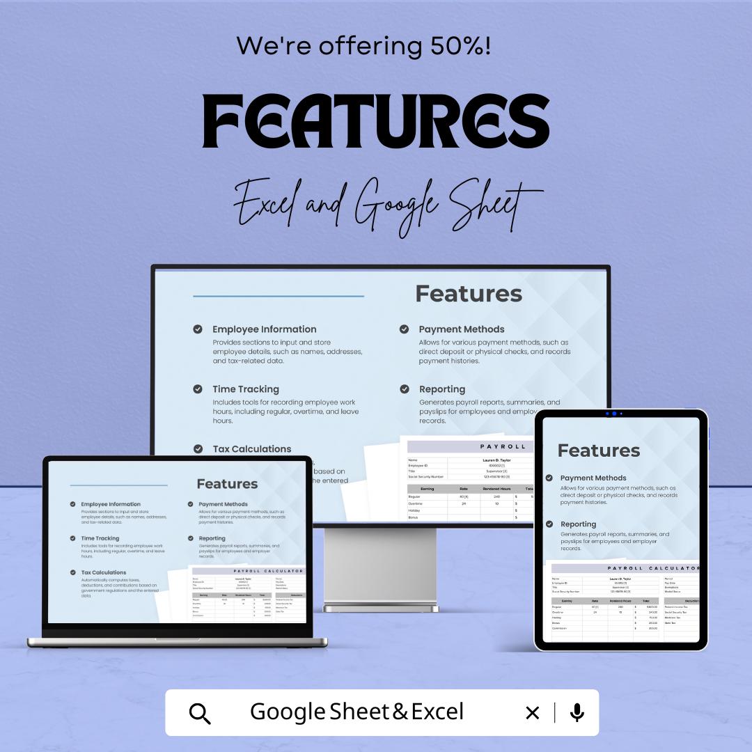 Payroll Calculator Sheet | Excel & Google Sheet | Calculate Earnings, Taxes, Deductions, and More | Easy-to-Use Payroll Management Template