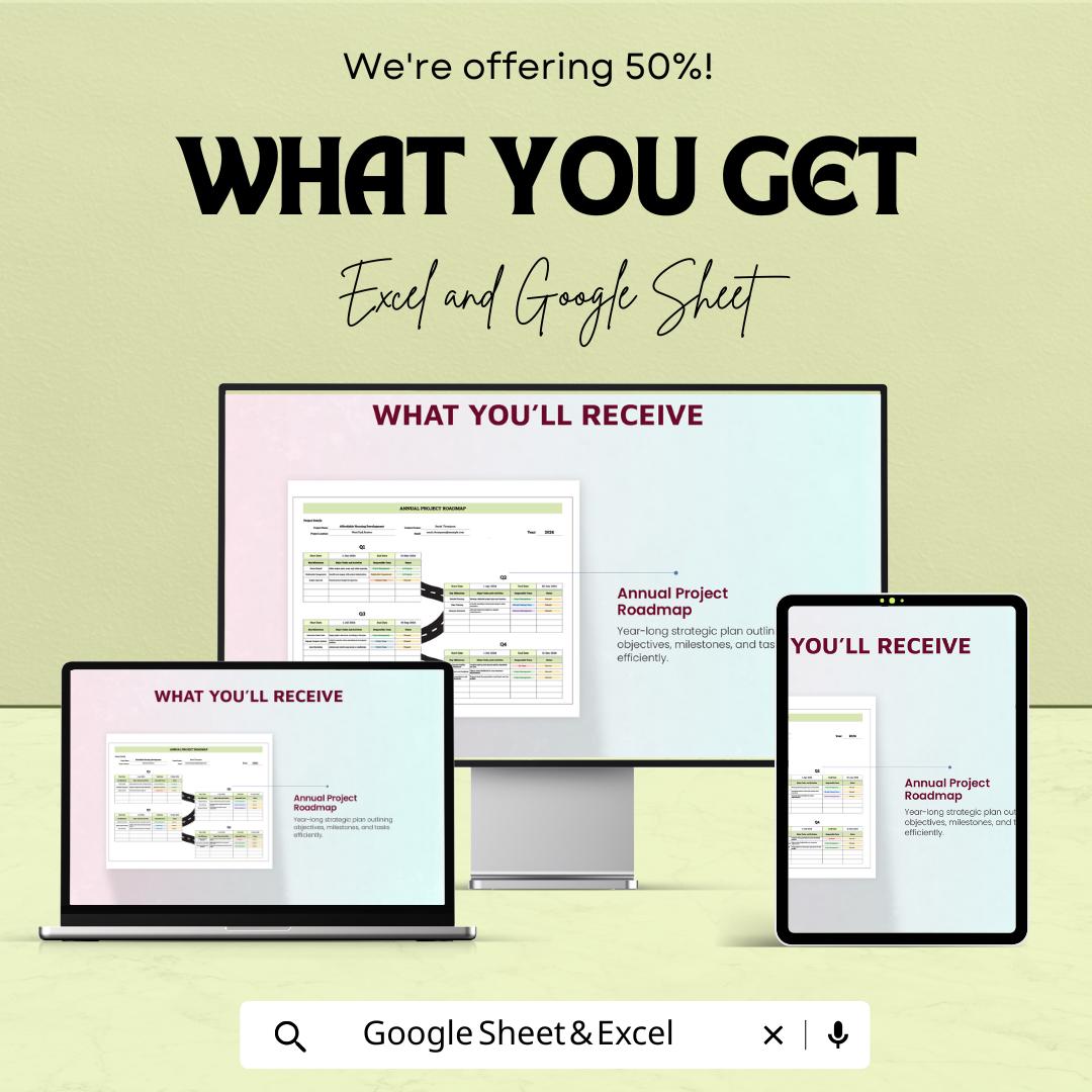 Annual Project Roadmap Sheet | Google Sheets Template | Project Planning, Goal Setting, Milestone Tracking, Timeline Visualization |