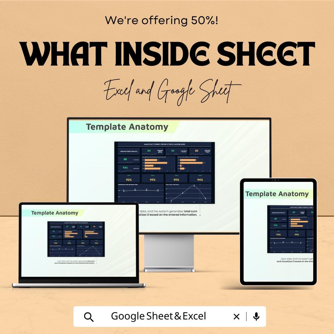 Manufacturing Production Dashboard Template - Excel and Google Sheet for Data Tracking, Performance Analysis & Reporting