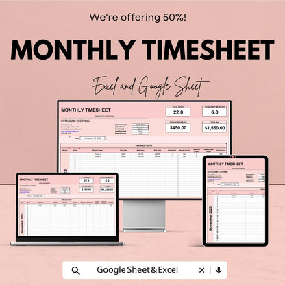 Monthly Timesheet Template - Excel and Google Sheets - Track Employee Hours & Payroll - Customizable Work Hours Sheet for Business