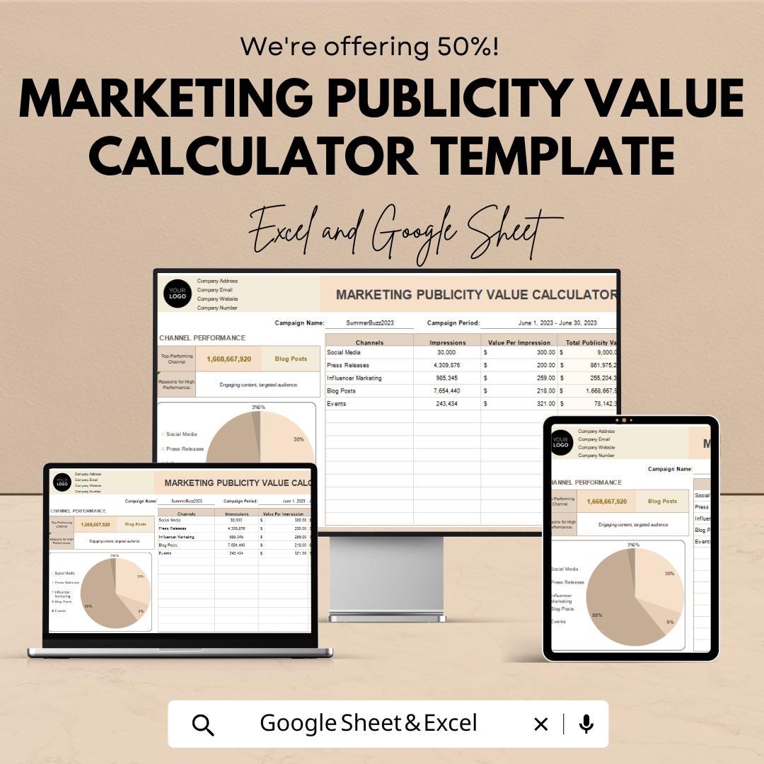 Marketing Publicity Value Calculator Template | Media Value Tracker | PR ROI Calculator | Campaign Performance Report