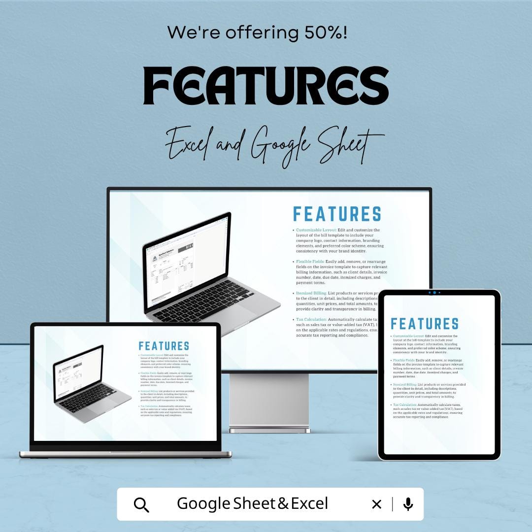 Editable Bill Template | Professional Invoice Spreadsheet | Custom Billing Template | Excel & Google Sheets | Business Invoice Generator |