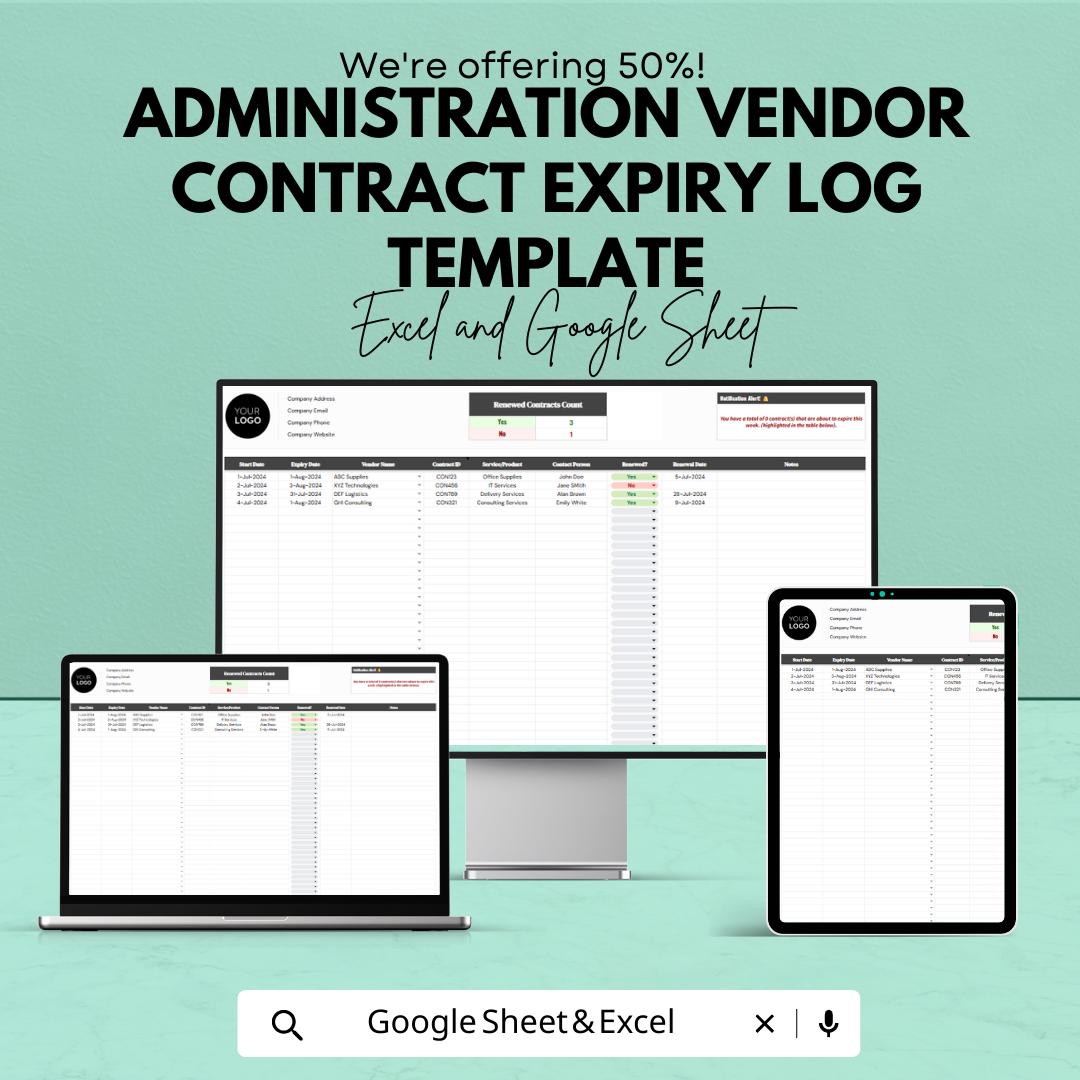 Vendor Contract Expiry Log, Contract Renewal Tracker, Vendor Management Template, Contract Expiration Sheet
