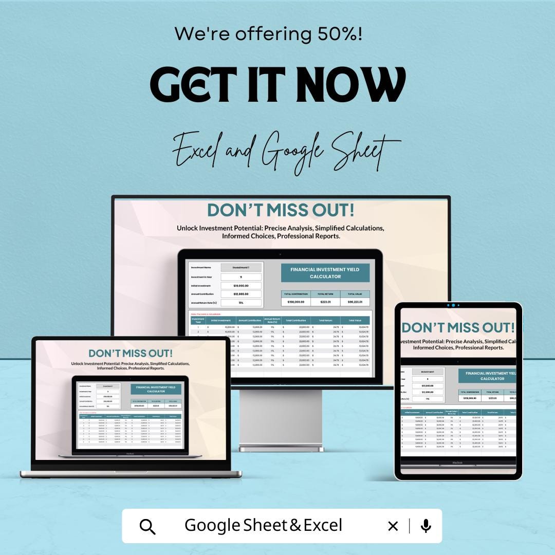 Financial Investment Yield Calculator Template | Investment Return Calculator | Yield Analysis Spreadsheet | Finance Planning Tool