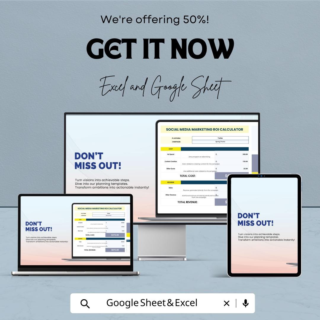 Social Media Marketing ROI Calculator Template | Excel & Google Sheets | Digital Marketing ROI Tracker | Ad Performance Calculator |