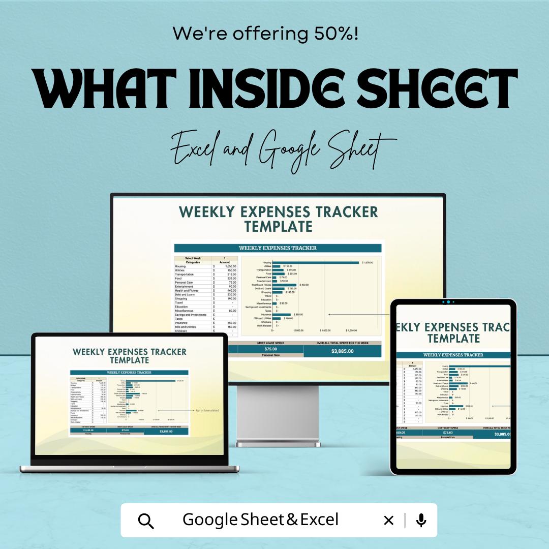 Weekly Expenses Tracker Template | Excel and Google Sheets Budget Planner | Weekly Budget Spreadsheet | Expense Tracking Dashboard