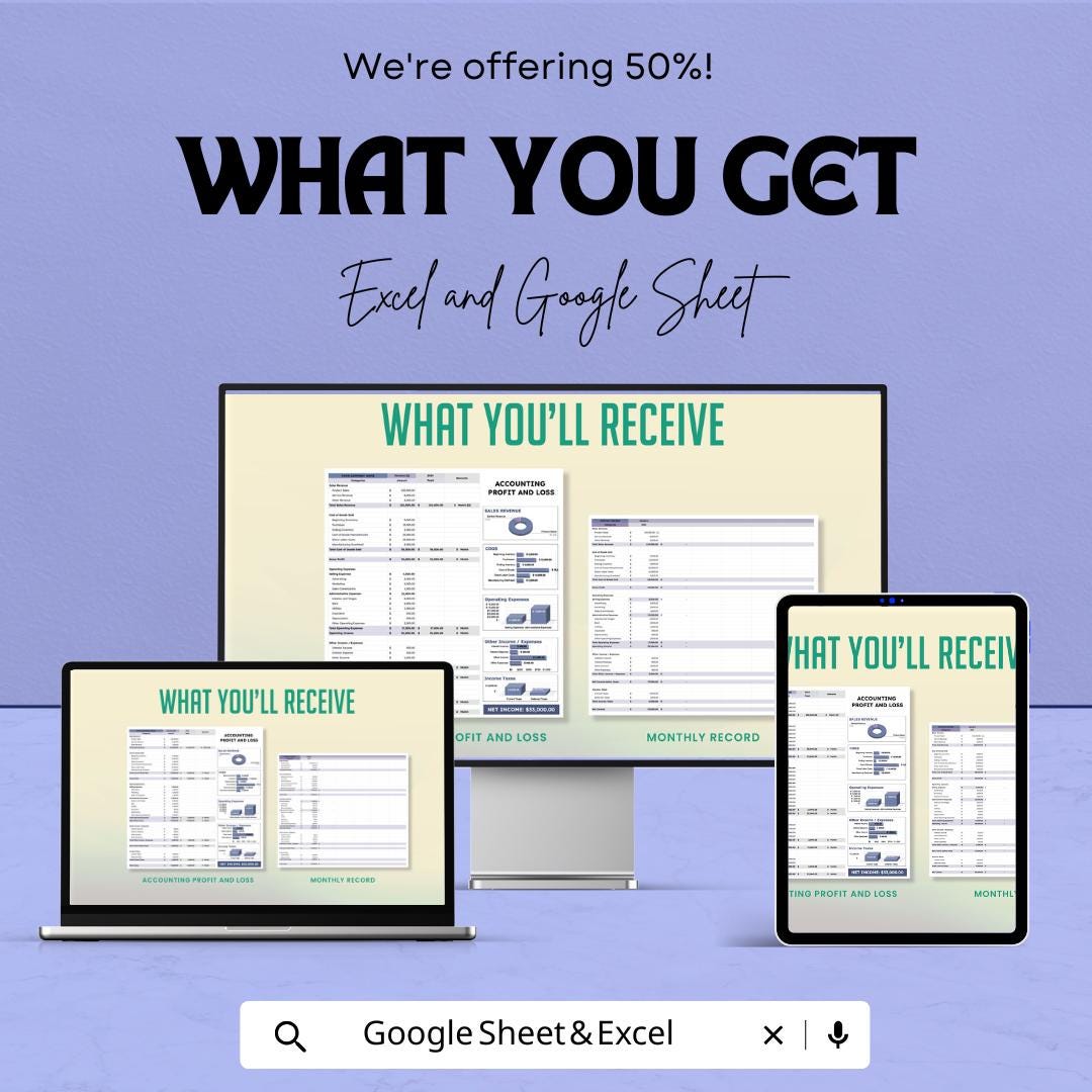 Accounting Profit and Loss Sheet | and Google Sheets | Monthly Budget Tracker, Financial Management Template, Profit & Loss Statement