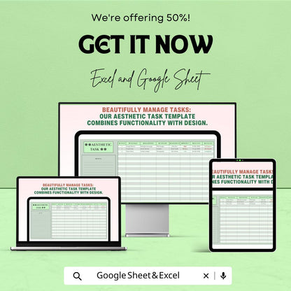 Aesthetic Task Sheet Template for Excel & Google Sheets | Manage Tasks with Style | Editable Task Tracker | 50% Off!