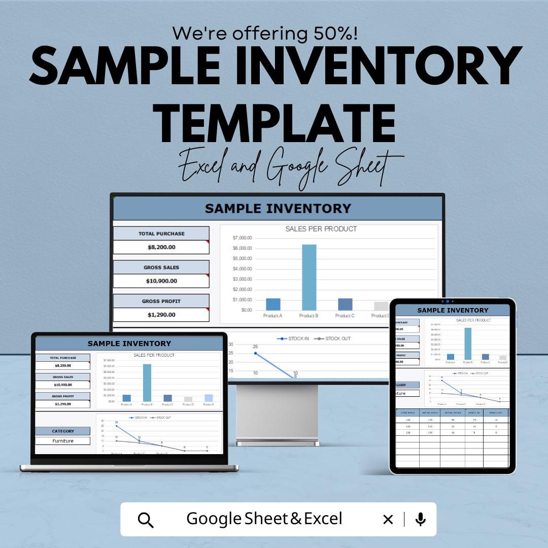 Sample Inventory Template | Excel & Google Sheets | Inventory Tracker | Stock Management | Sales Dashboard | Editable Business Spreadsheet