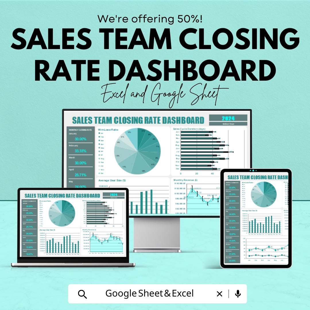 Sales Team Closing Rate Dashboard Sheet | Excel & Google Sheets Template | Monitor Sales Performance, Visual Metrics, and Data Insights