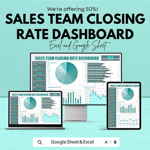 Sales Team Closing Rate Dashboard Sheet | Excel & Google Sheets Template | Monitor Sales Performance, Visual Metrics, and Data Insights