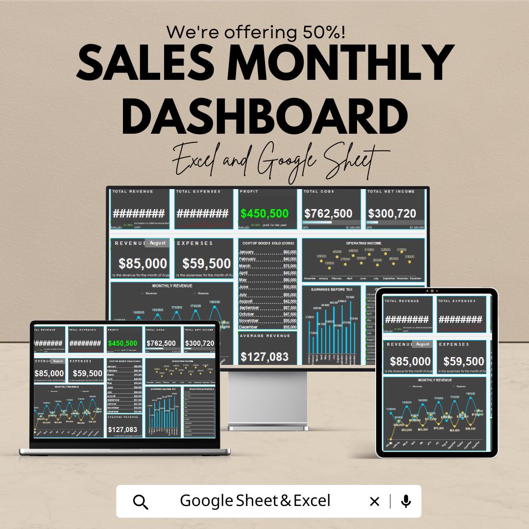 Sales Monthly Dashboard | Excel & Google Sheets | Track Revenue, Expenses, Profit | Business Finance Tracker | KPI Spreadsheet