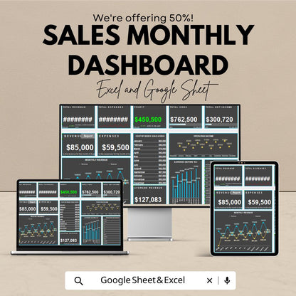 Sales Monthly Dashboard | Excel & Google Sheets | Track Revenue, Expenses, Profit | Business Finance Tracker | KPI Spreadsheet