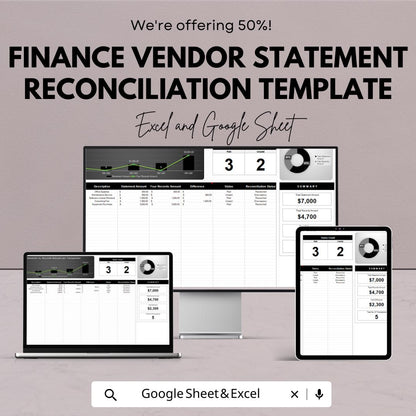 Finance Vendor Statement Reconciliation Template | Vendor Reconciliation Spreadsheet | Accounts Payable Tracker |  Vendor Balance Checker