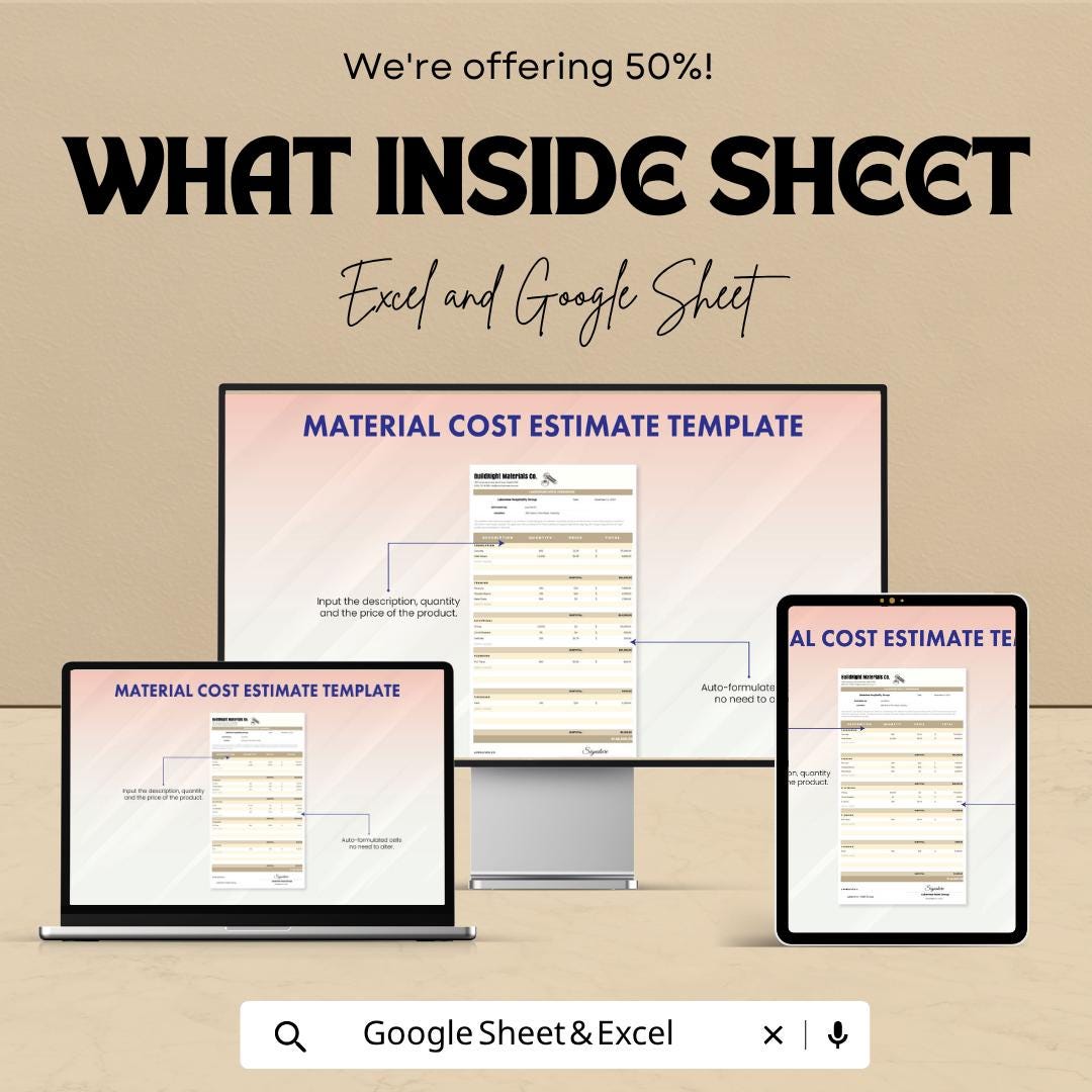 Material Cost Estimate Template | Construction Cost Spreadsheet | Contractor Estimate Template | Project Cost Calculator |