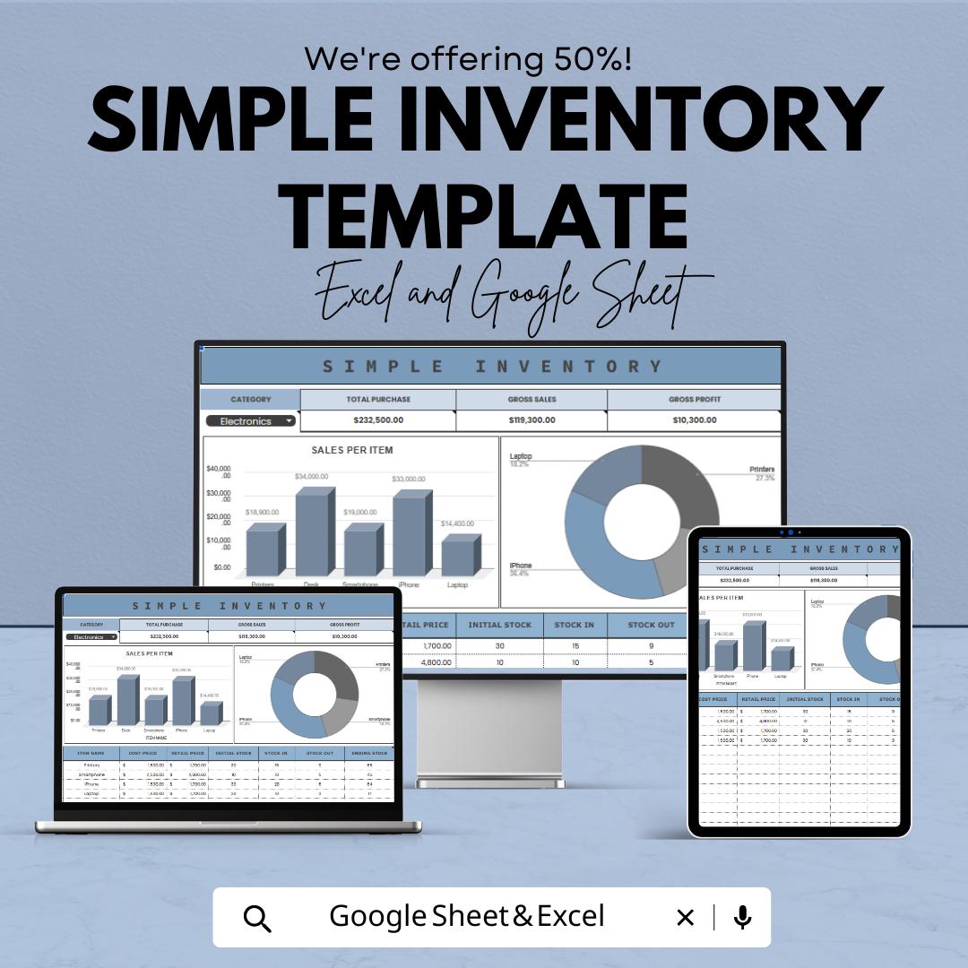Simple Inventory Template Excel & Google Sheets | Stock Tracker Spreadsheet | Inventory Management Dashboard | Small Business Inventory Log
