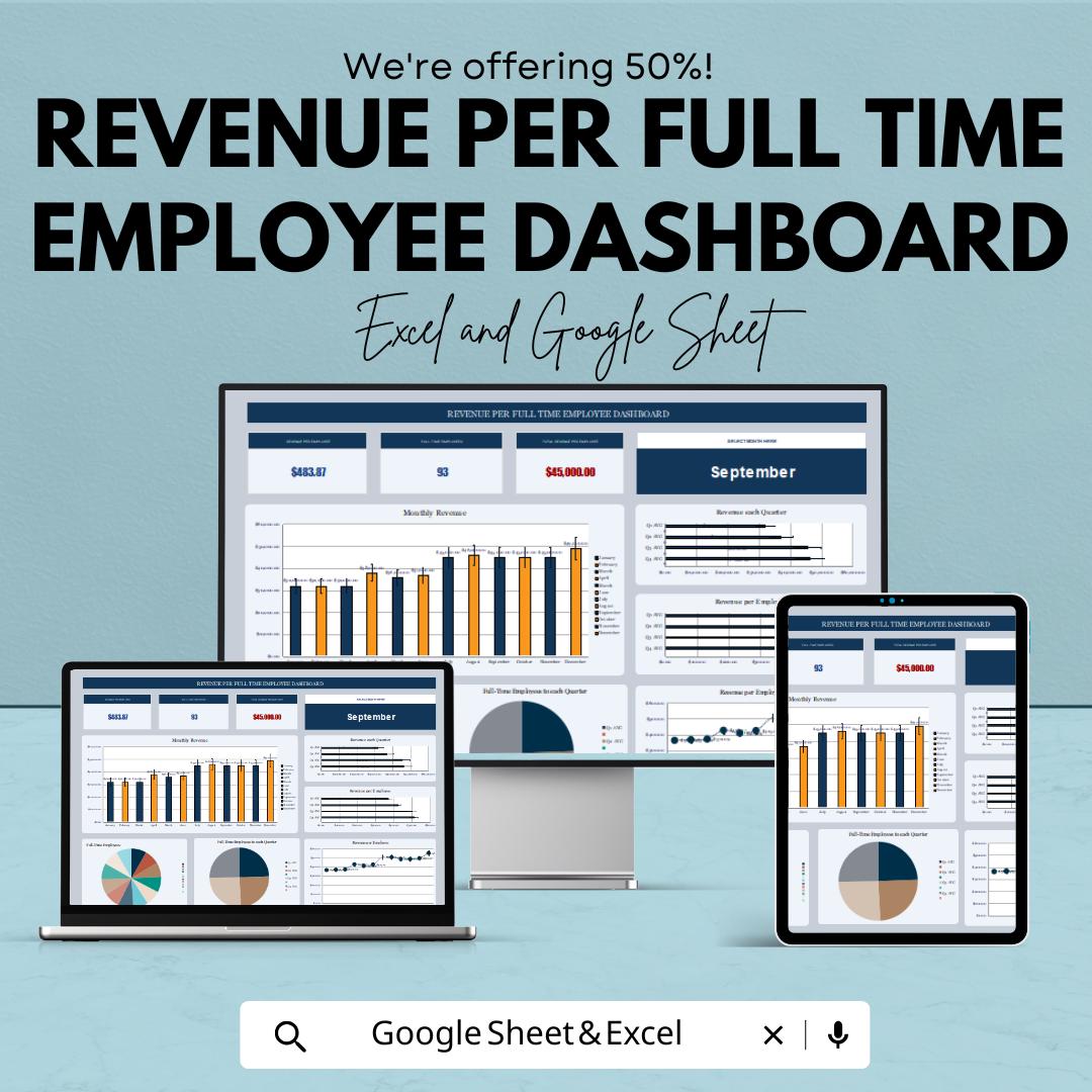 Revenue Per Full-Time Employee Dashboard Template for Excel and Google Sheets | Employee Revenue Tracking & Financial Analytics