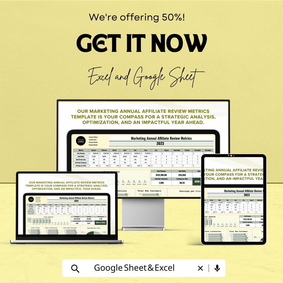 Marketing Annual Affiliate Review Metrics Sheet - Google Sheet Template for Performance Analysis & Tracking | Affiliate Program Analysis