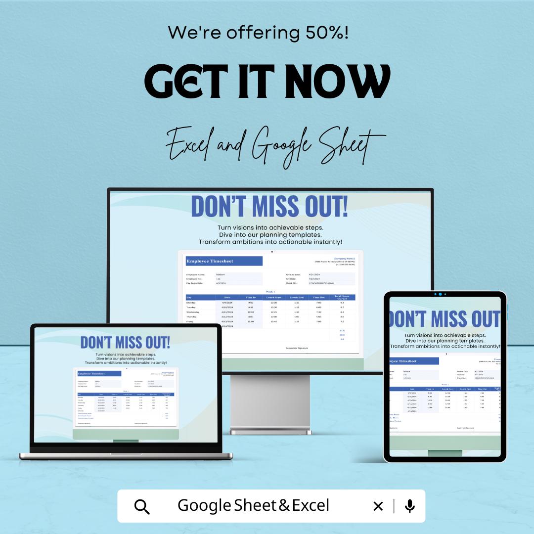 Employee Timesheet Template | Excel & Google Sheets | Time Tracker for Work Hours | Overtime Calculator | Instant Download